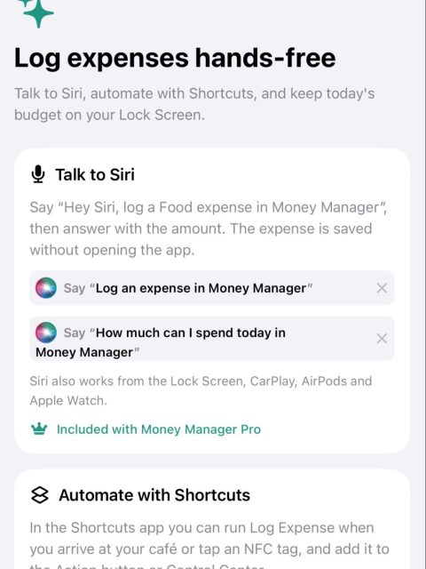 Money Manager+ 3.1 is live https://lnkd.in/gFpeanS
You no longer need to touch your phone to track what you spend.
“Hey Siri, log a food expense in Money Manager.”
Siri asks how much. Done. From the Lock Screen, CarPlay, AirPods or your Watch.

What’s new in 3.1:
→ Siri logs expenses and tells you what’s left for today, with a budget card
→ Shortcuts, Action button and Control Center. One press, expense logged
→ Automations: log a coffee when you arrive at your café, or tap an NFC tag
→ Live Activity on the Lock Screen so today’s budget is always in view
→ Fully localized in English, Arabic and Russian, Siri included

Try it on your next trip and tell me what breaks. Link in the first comment.
Which Siri phrase would you actually use every day?

#iOSDev #SwiftUI #IndieDev #moneymanager